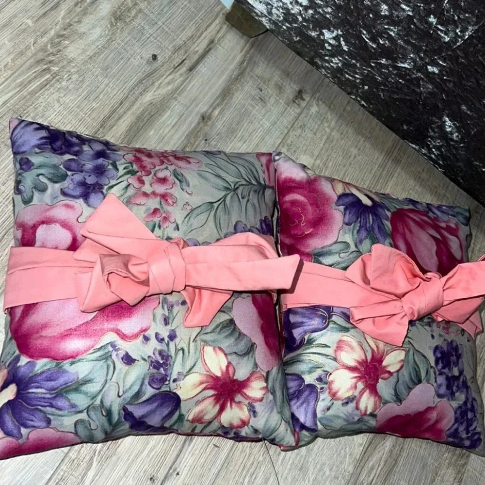 Vintage pillows bows floral pink green purple gold rare retro ribbon tie up